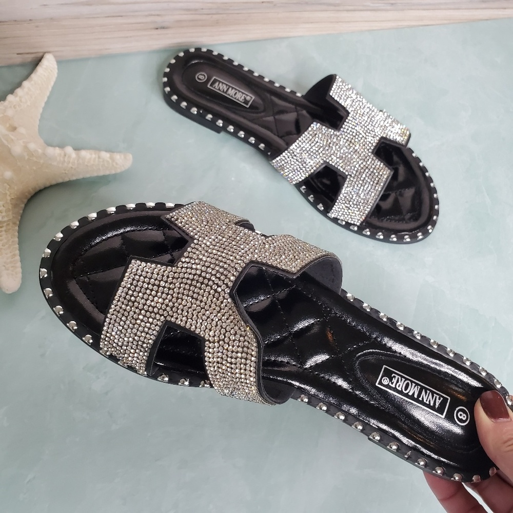 Black Sparkle Cut-Out Rhinestone Sandals - Picture 2 of 7